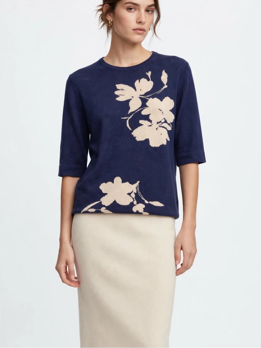 Wrapper Navy Floral Sweater Womens XL Elbow Sleeve Lightweight Spring Fall NWT